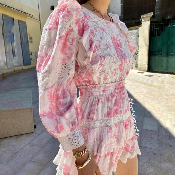LOVESHACKFANCY Santorini Dress Floral Lace Ruffle Pink White - Picture 2 of 10
